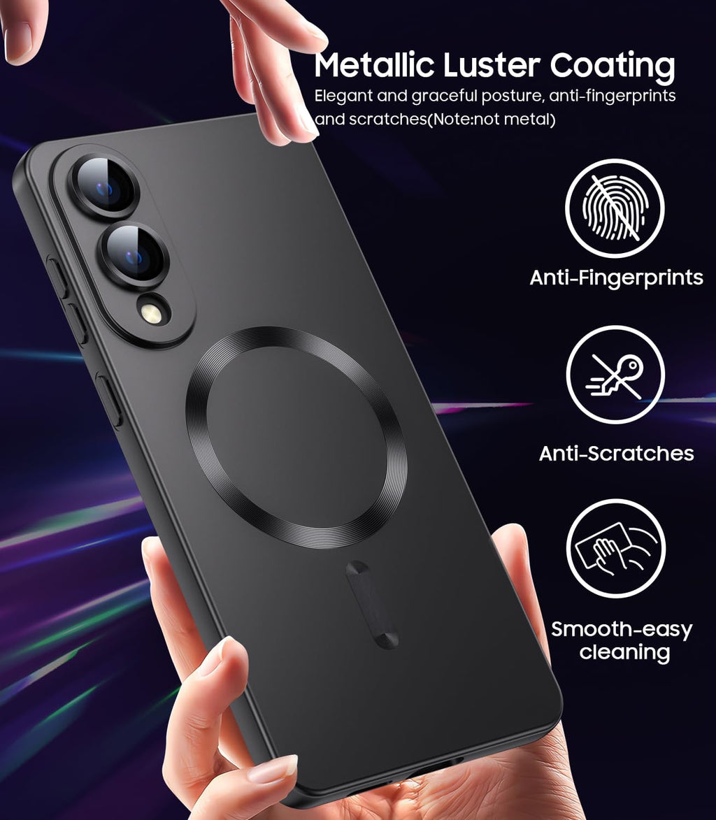 Magnetic for Samsung Galaxy S25 Edge Case [Compatible with MagSafe][Built-in Camera Lens Protector] Slim Soft Silicone Bumper Shockproof Metallic Luster Phone Case (Black)