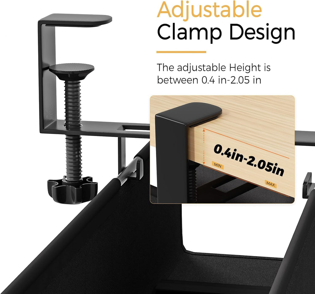 Under Desk Cable Management Tray 15.7" - No Drill Computer Wire Organizer Cable Tray, Cord Hider Clamp Mount with 16X Cable Ties PC Cables Management Cord Holder for Office/Home (Upgrade Fabric,Black)