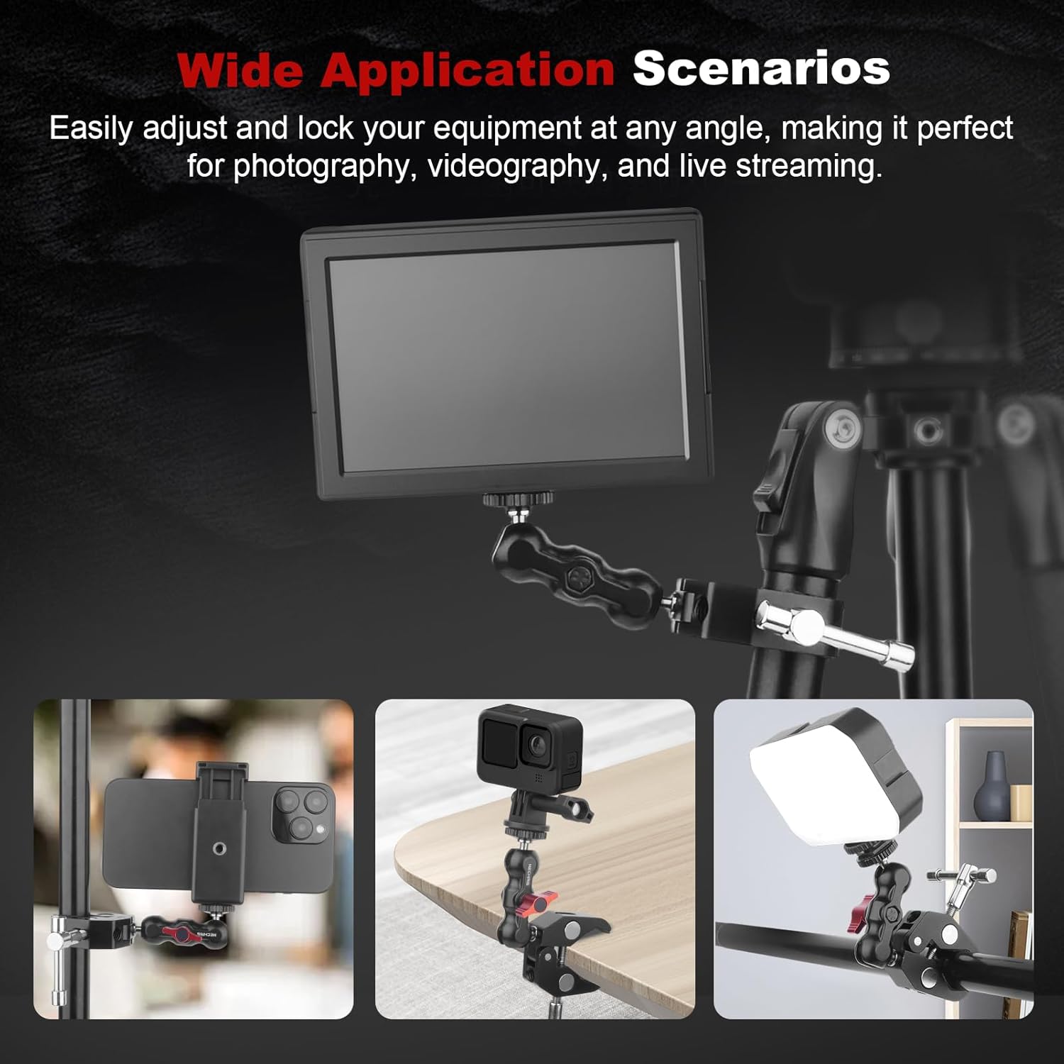 Camera Clamp Mount with Dual Ballhead Magic Arm, Aluminum Camera Mount Super Clamp Kit for DSLR Action Camera/Phone/Monitor/LED Light/Microphone, for Desk/Tripod/Tube/Crossbar (SY001)