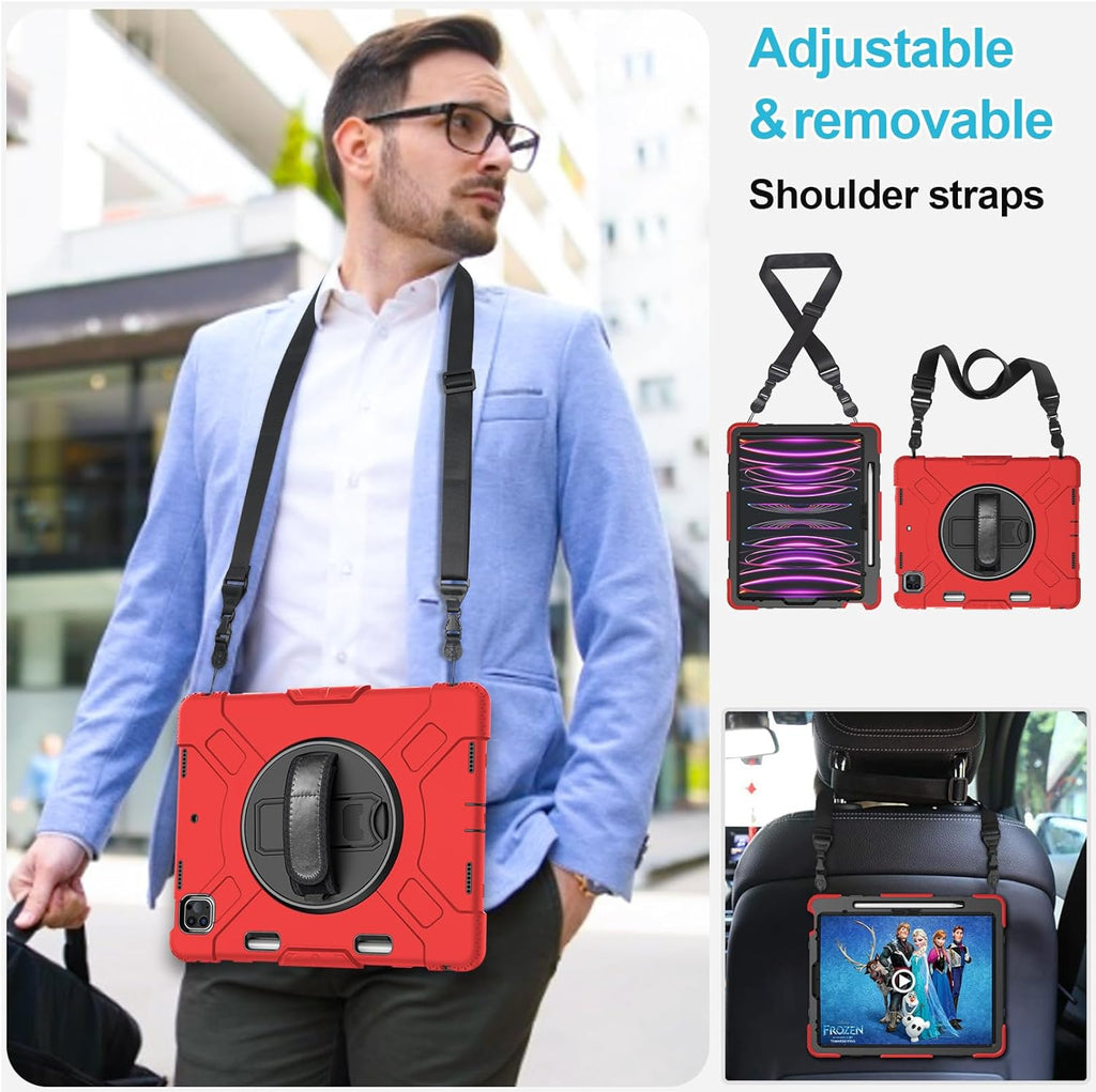 Case for iPad Pro 12.9 2022/2021/ 2020/2018: Cover for iPad Pro 12.9 6th/ 5th/ 4th/ 3rd Generation with Screen Protector- Stand- Pencil Holder- Handle- Shoulder Strap Red