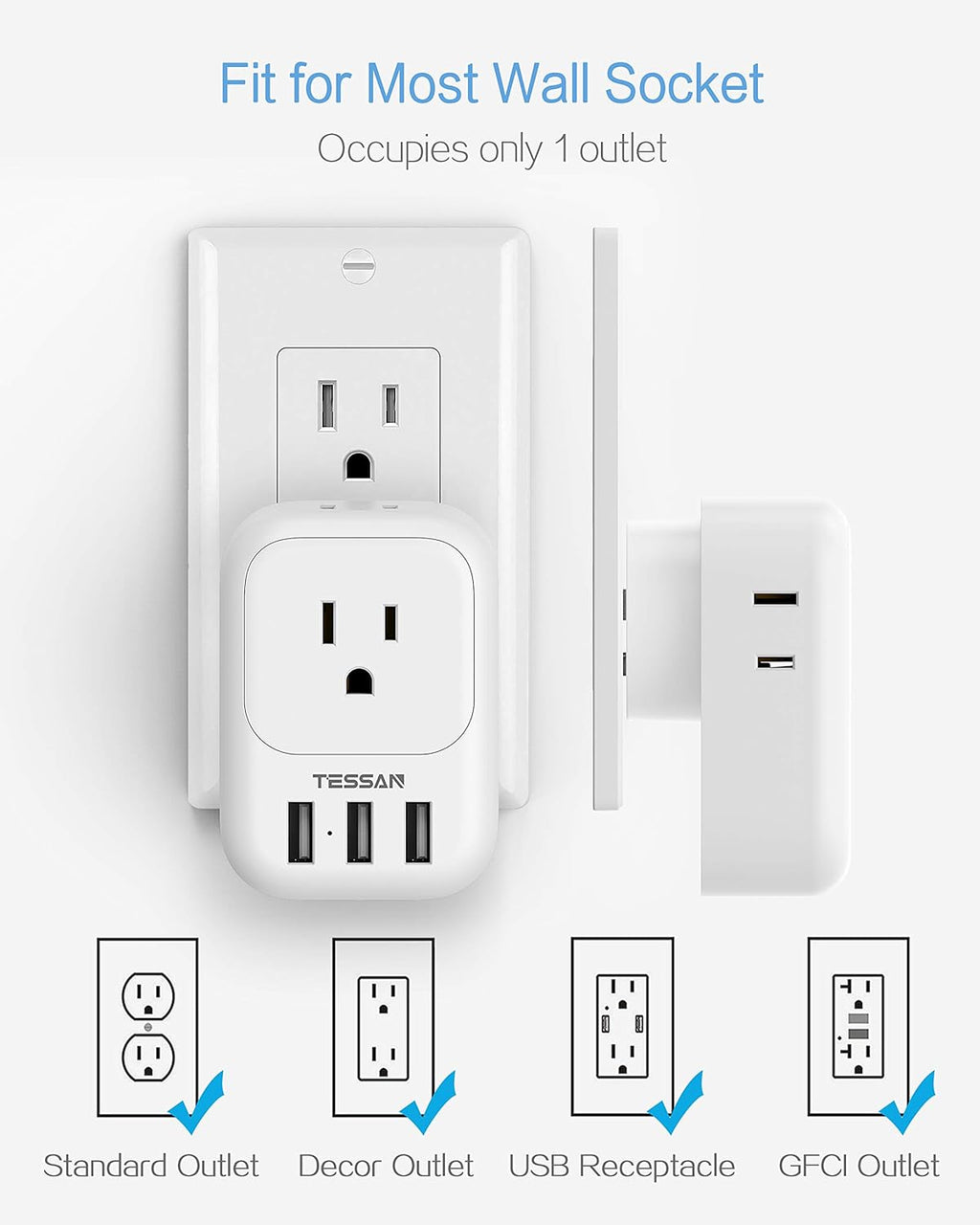 USB Charger Block, TESSAN Wall Plug Adapter with Electrical 4 Box Splitter 3 USB Wall Charger Ports, Multi Plug Outlet Extender Charging for Cruise, Travel, Office, Dorm Essentials, White