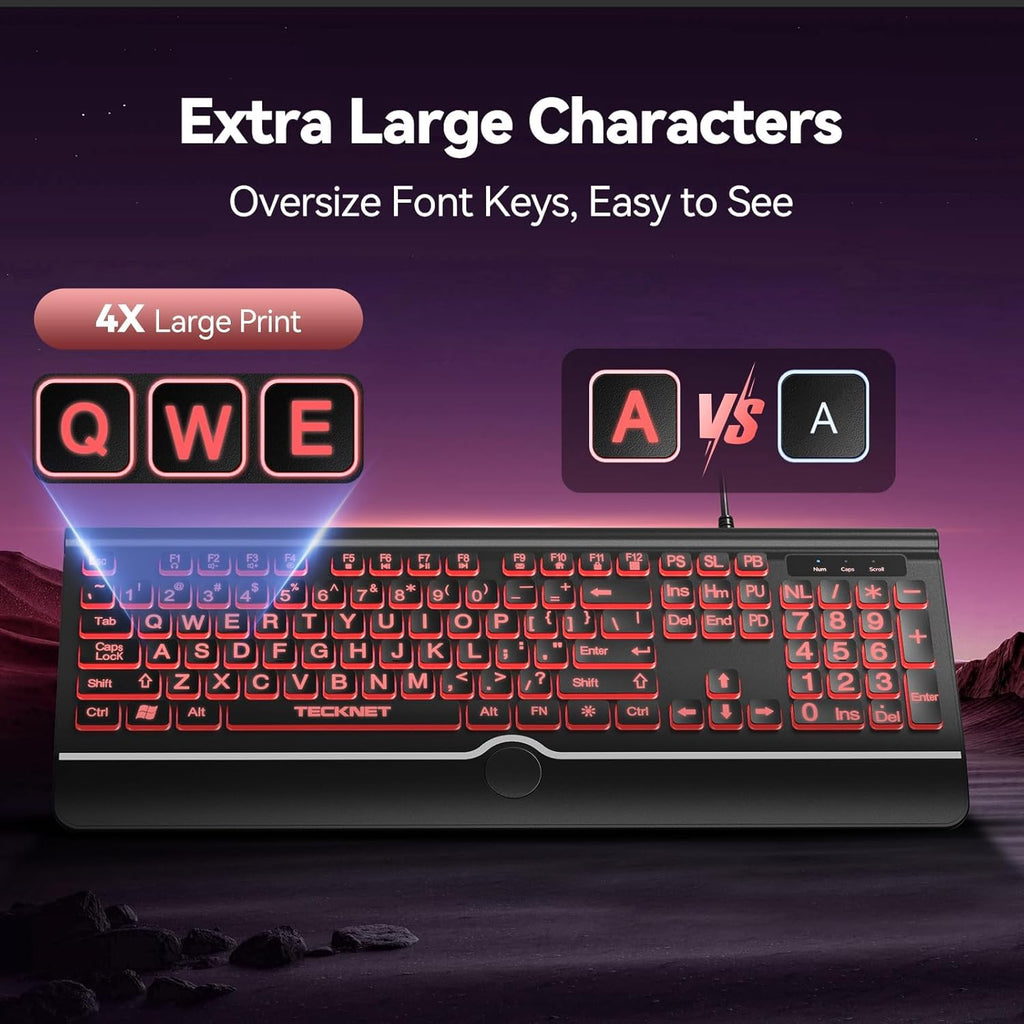 TECKNET Large Print Backlit Keyboard, Wired USB-A Computer Keyboard with Wrist Rest, 7-Color Backlit, Oversized Letter Keys Easy to See, Plug-and-Play, Silent, Foldable Stands for Windows/PC/Laptop