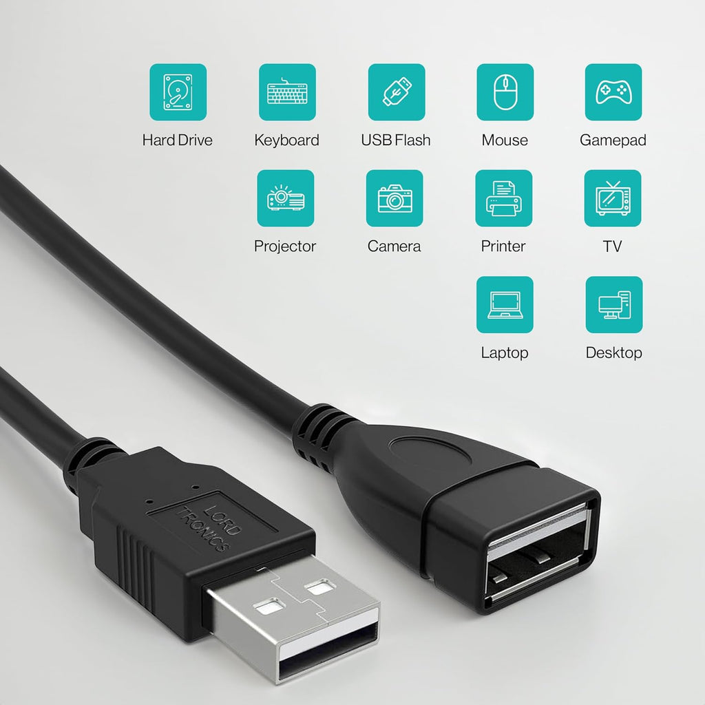 Long USB Extension Cable 10FT - Male to Female Data Transfer Adapter and Charging for Laptop, PlayStation, Xbox, Flash Drive - Black