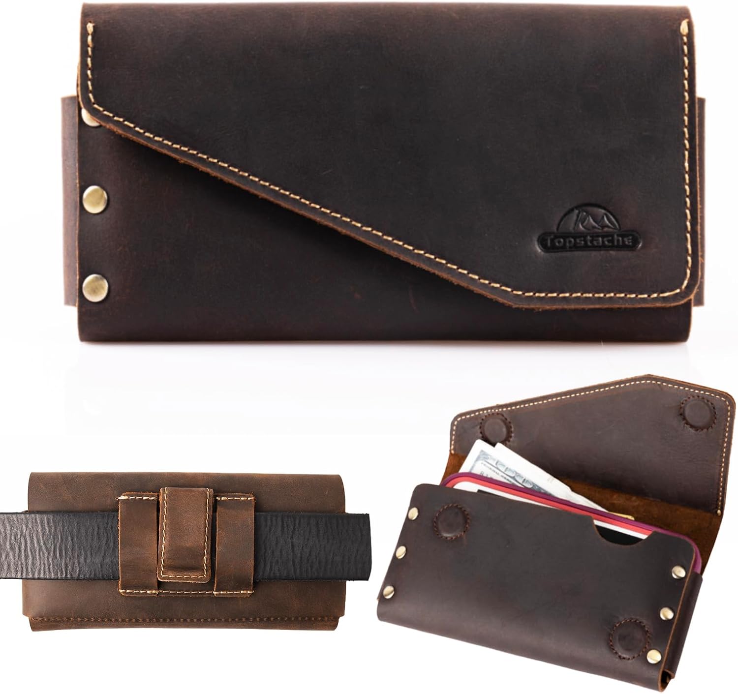 Topstache Leather Phone Holster with Belt Clip,S22 Ultra Belt Holder,iPhone 14 Pro Max Case for Belt,Leather Belt Pouch for Universal Smartphone with Otterbox Case,Flip Cellphone Pouch,XL,Darkbrown
