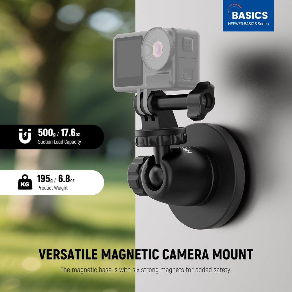 NEEWER Basics Magnetic Camera Mount for Action Camera Compatible with GoPro Insta360 DJI AKASO Accessories, Strong Magnet 360° Ball Head Mount for Car Video Recording Live Streaming, GP-101
