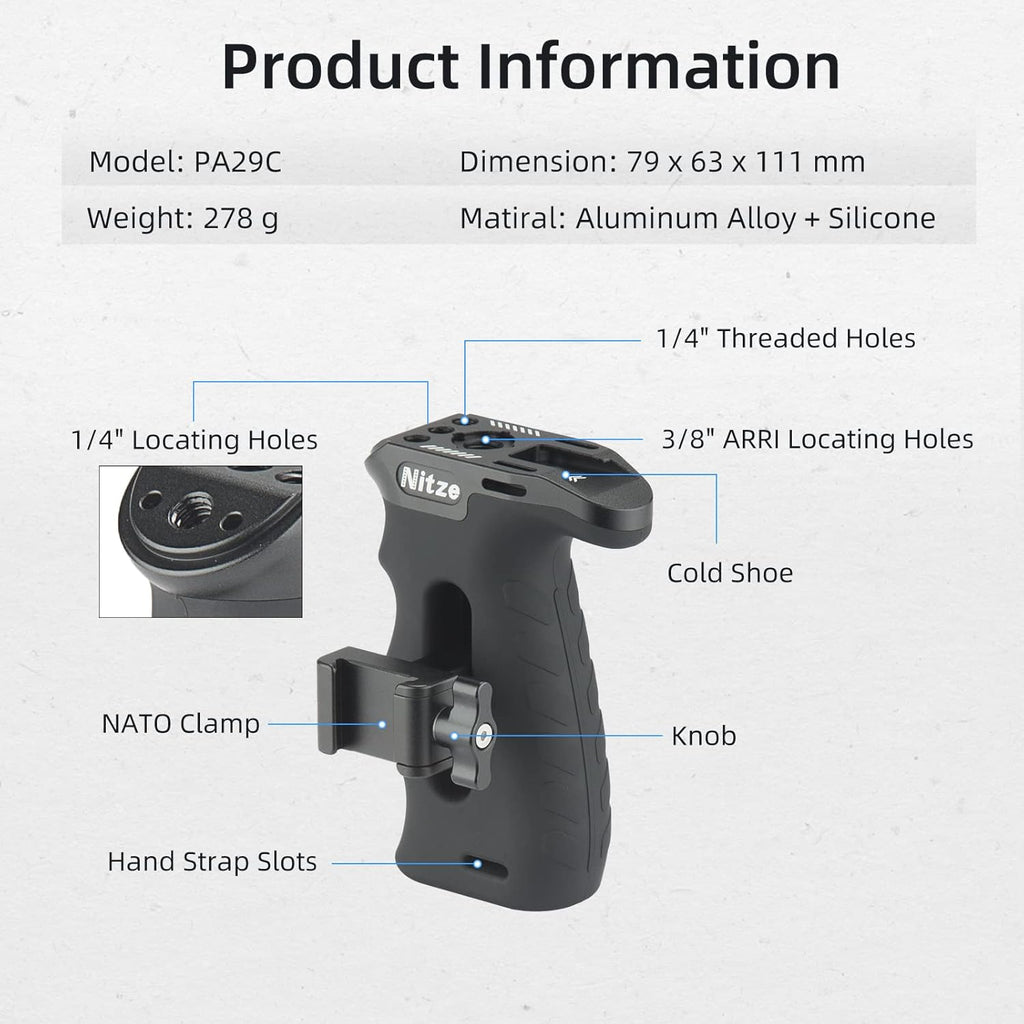 Nitze Ergonomic NATO Side Handle with NATO Calmp, Up/Down and Left/Right Adjustable, Rubberized Aluminum Camera Side Handle Camera/Monitor Cages - PA29C