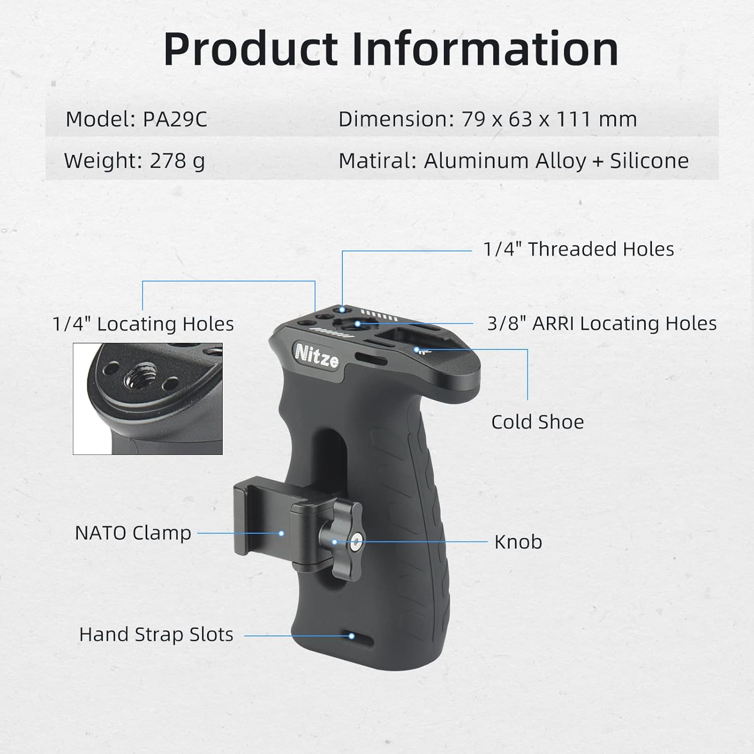Nitze Ergonomic NATO Side Handle with NATO Calmp, Up/Down and Left/Right Adjustable, Rubberized Aluminum Camera Side Handle Camera/Monitor Cages - PA29C