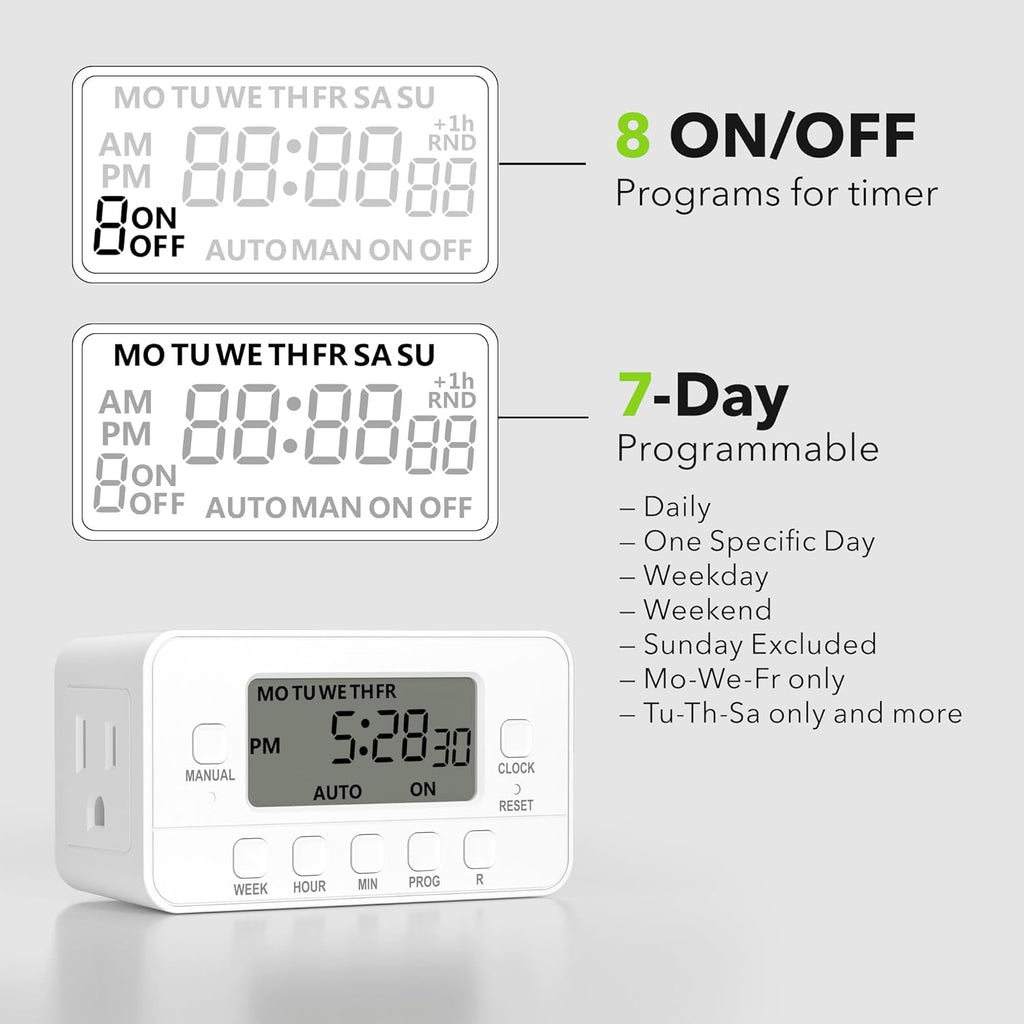 BN-LINK 7-Day Heavy Duty Digital Timer with Dual Outlet, LCD Display, 3-Prong Programmable Design, for Lights, Fans, Coffee Machine, Home, Kitchen, Office, Indoor Use, 125V 15A 1875W, 1 Pack