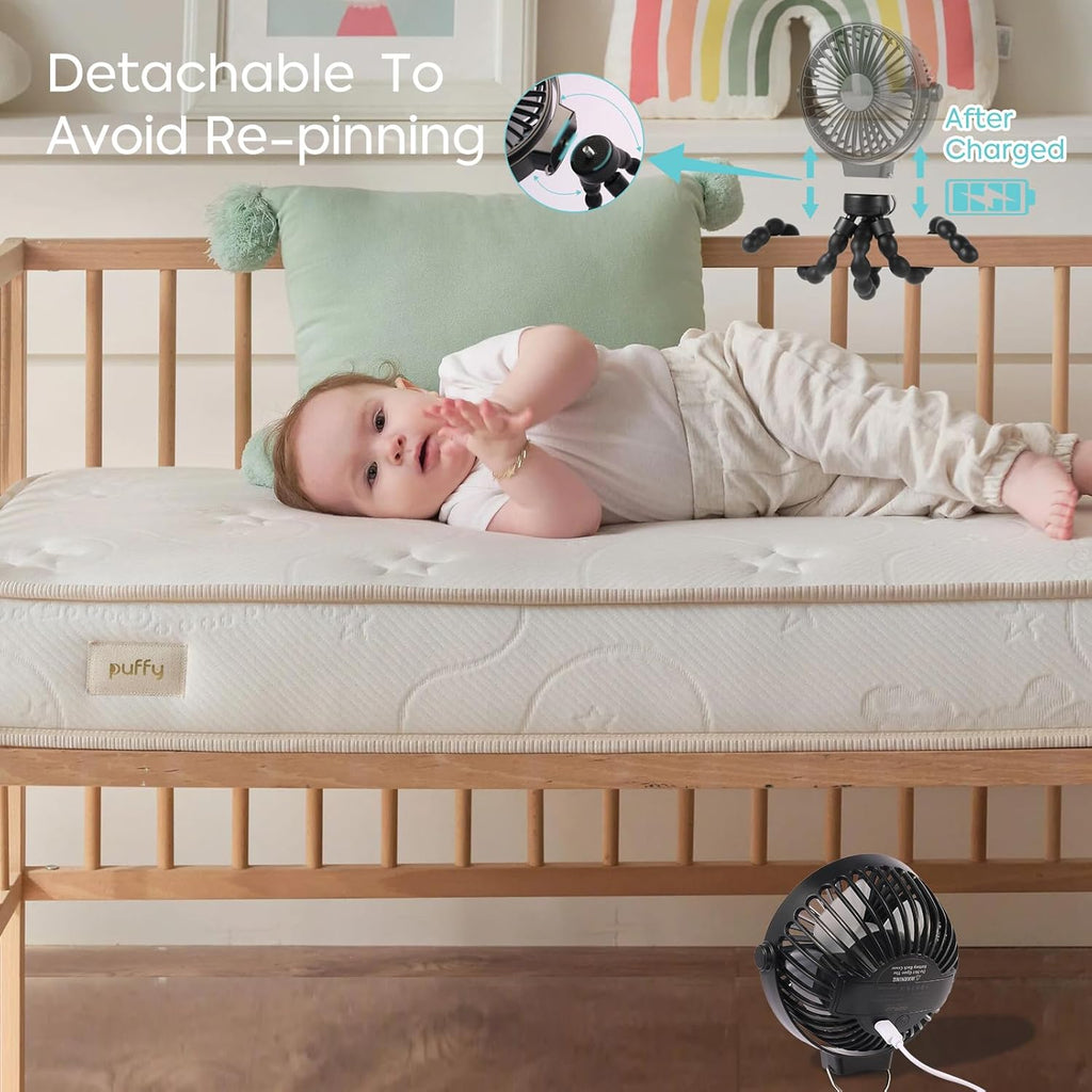 Portable Stroller Fan Personal rechargeable USB Fans With 5200mAh 3 Speeds Battery Small Baby Car Seat Mini Handheld Clip On Fan for Pram Crib Bike Treadmill Outdoor Camping Travel and Student Desk