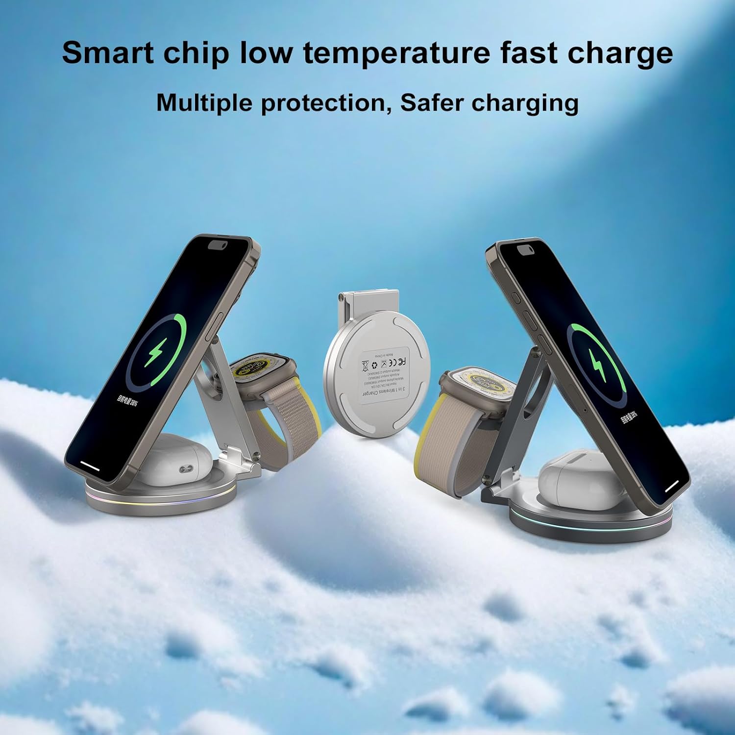 Foldable 360º Rotatable Zinc Alloy 3-in-1 Magnetic Wireless Charger, Charging Station, Charging Stand,15W for iPhone 12-16,5W for Apple Watches,AirPods(Adapter Included) (Black)