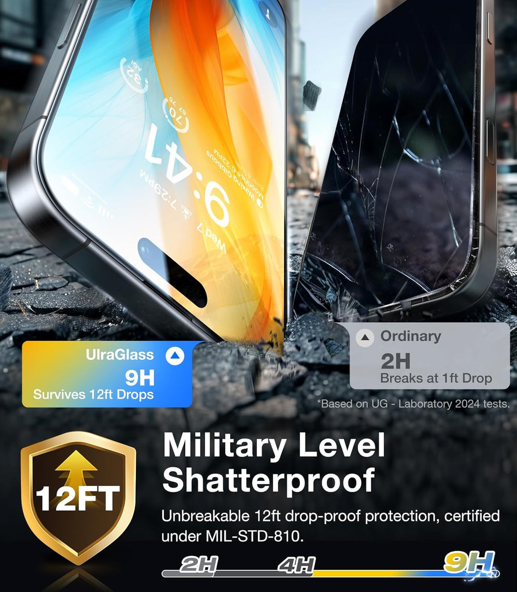 UltraGlass Unbreak Top 9H+ Glass for iPhone 14 Pro Max Screen Protector [12FT Military Grade Shatterproof & Longest Durable] Screen Protector 14 Pro Max Tempered Glass, Anti-fingerprint, 2 Packs