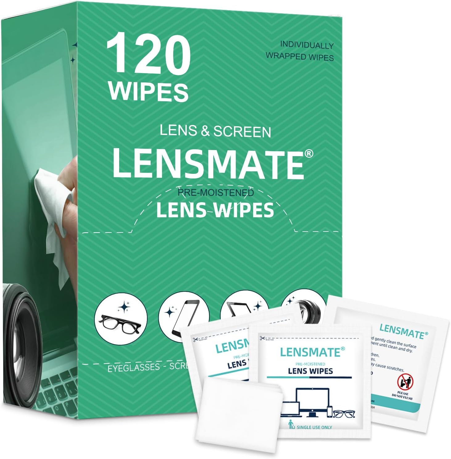 Lensmate 120 Count Lens Wipes for Eyeglasses, Pre-Moistened & Individually Wrapped Eyeglass Wipes, Lens Cleaning Wipes for Eyeglasses, Sunglasses, Goggles and Camera Lens