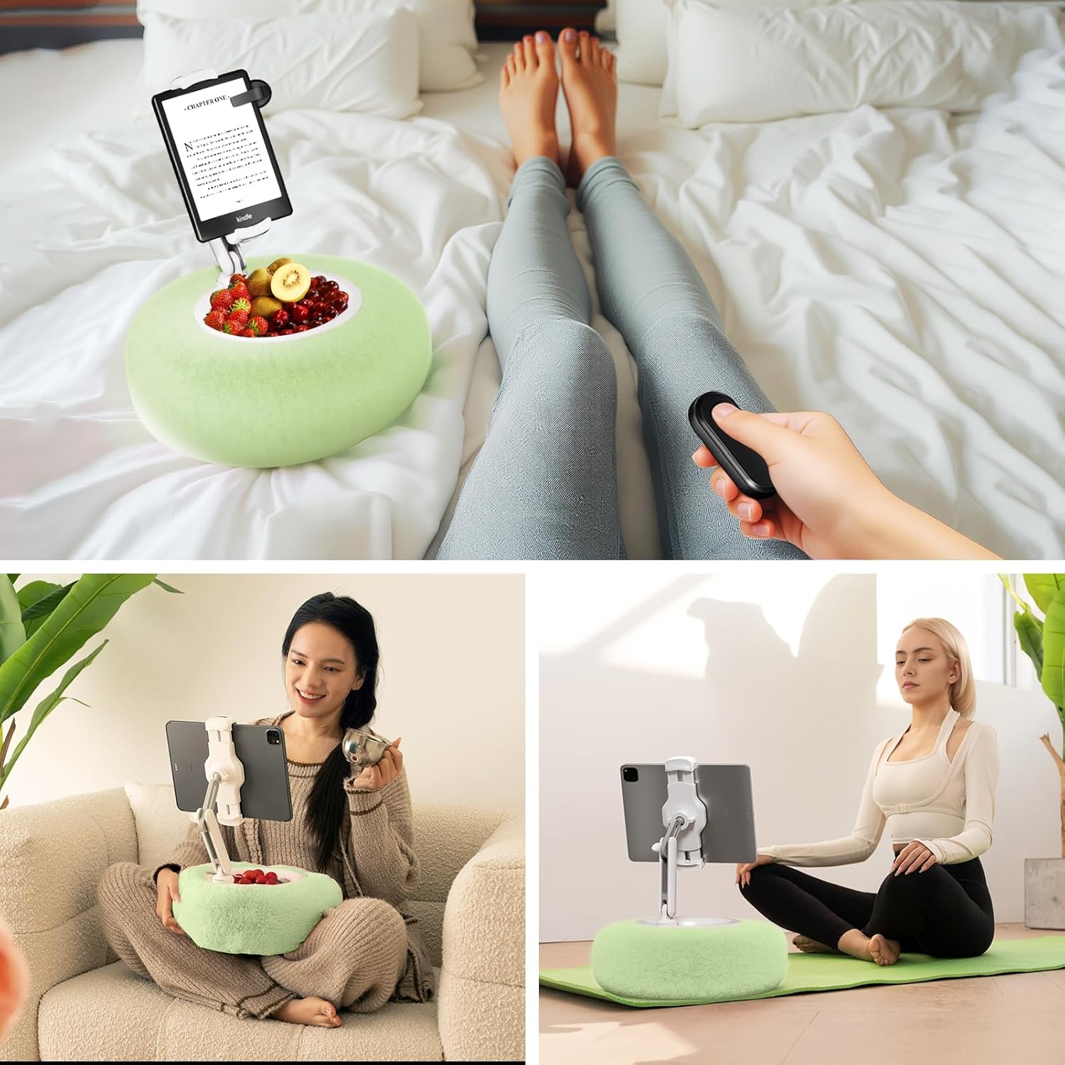 Kindle/Tablet Pillow Stand for Reading, Adjustable Tablet Pillow Stand for Lap with Detachable Bowl, Fits 4.7"-13" Kindle/Phones/Tablets/, Watch Videos, Stream Media (Green)