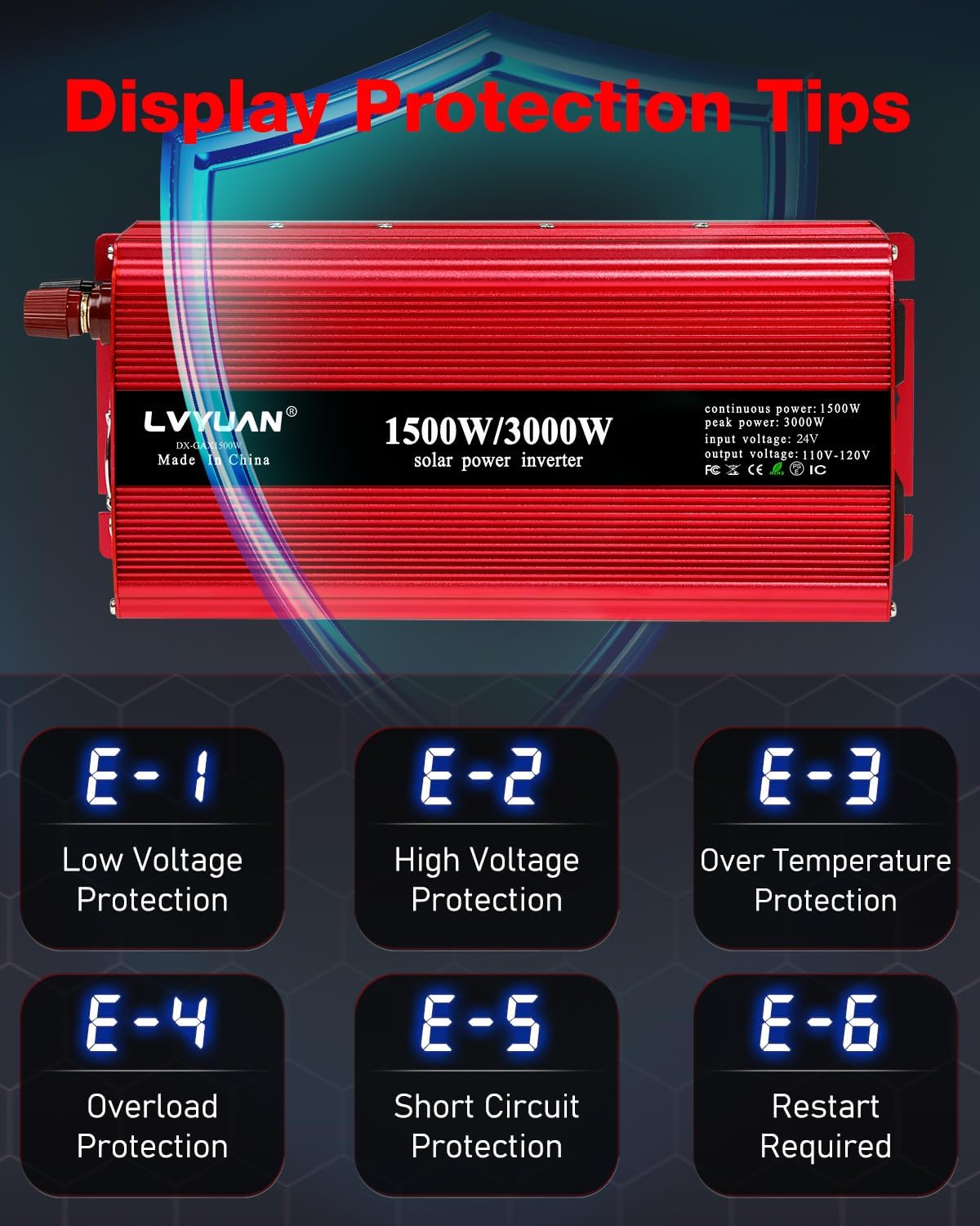 LVYUAN 1500W Car Power Inverter 24V to 110V DC to AC with 2 US Sockets, Cigarette Lighter, LED Display, USB Ports for Car, Home,Truck, Outdoor, Camping