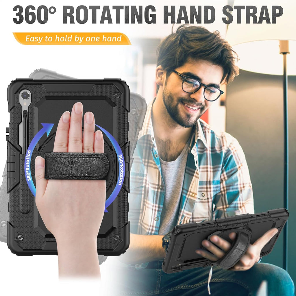 HXCASEAC Case for Galaxy Tab S10 FE / S9 FE 5G 10.9 inch, Shockproof Design with Screen Protector, 360° Hand Strap Stand, S Pen Holder, Heavy Duty Protective Samsung S9 FE / S10 FE Tablet Case, Black