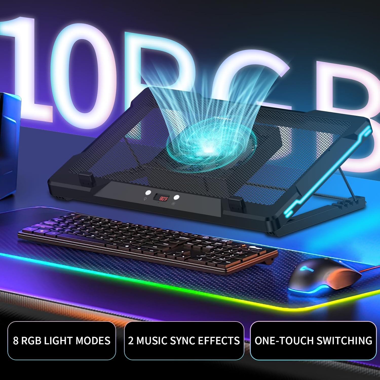 DEPGI Laptop Cooling Pad, Laptop Cooler Stand with 5.5" Movable Fan Easy to Clean, 10 RGB Light Modes, Auto Temp Sensor & 3-Speed Manual Control, Ultra Quiet ≤40dB for 14–17.3 Inch Laptops