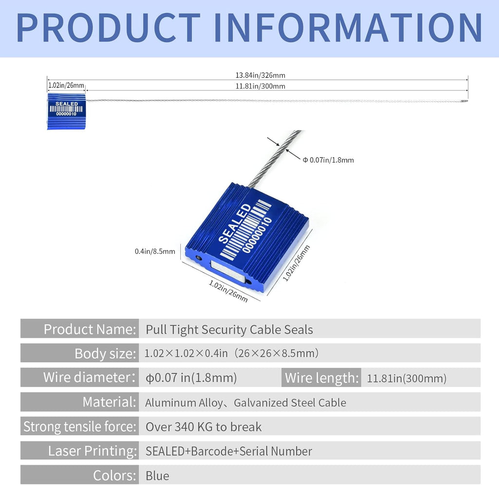 50 Blue High Security Cable Seals With Barcode - Pull Tight Numbered Steel Anti-Tamper Shipping Self-Locking Tags for Logistics - ISO 17712 Certificated