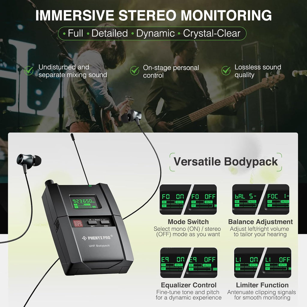 Phenyx Pro Wireless in-Ear Monitor System, Stereo IEM System with Rack Mount Kit, 89 Frequencies, 900MHz UHF Band, 164ft Range, Suitable for Stage & Studio (4 Bodypacks with Transmitter)