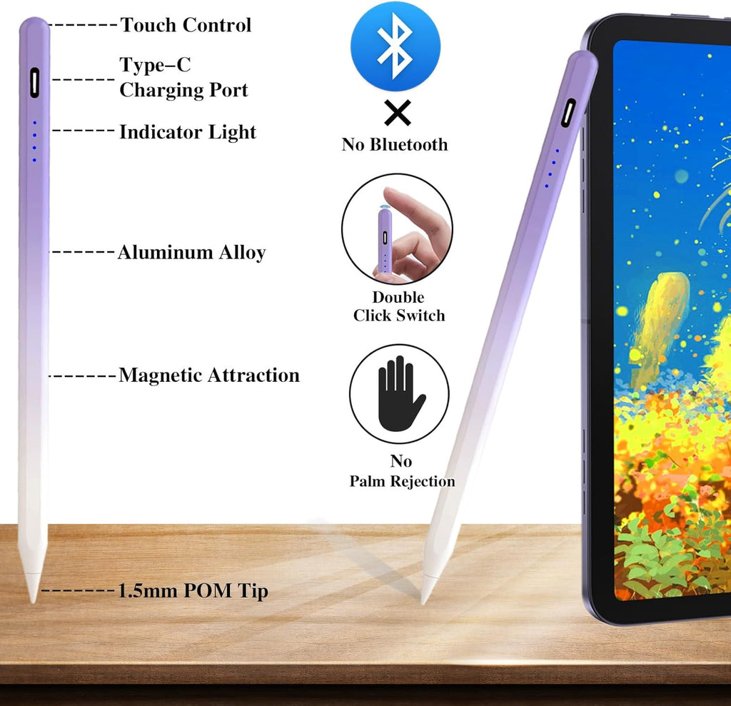 Acitve Stylus Pens for Touch Screens, iPad Pencil with 4 POM Tips Magnetic Stylus Pen for iPad/Pro/Air/Mini/iPhone/Samsung/Huawei/Lenovo/iOS/Android and Other Smartphone Devices - Purple