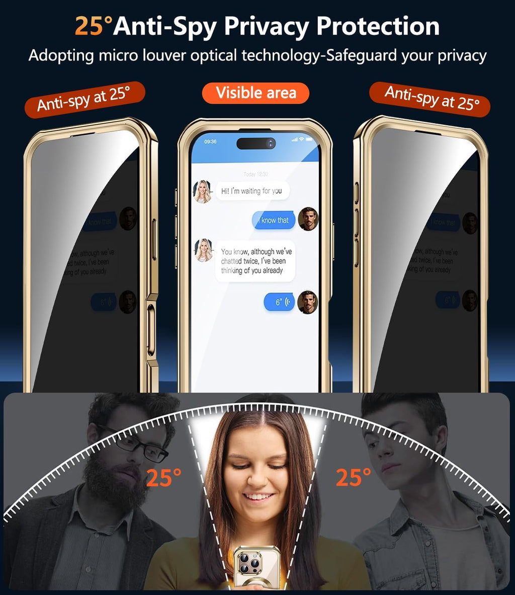 [360° Rotatable CD Stand & Built-in Privacy Screen Magnetic Case for iPhone 16 Pro [Compatible with MagSafe & Full Signal] Mil-Grade Shockproof Full Body Anti-Spy Cover for 16 Pro-Gold
