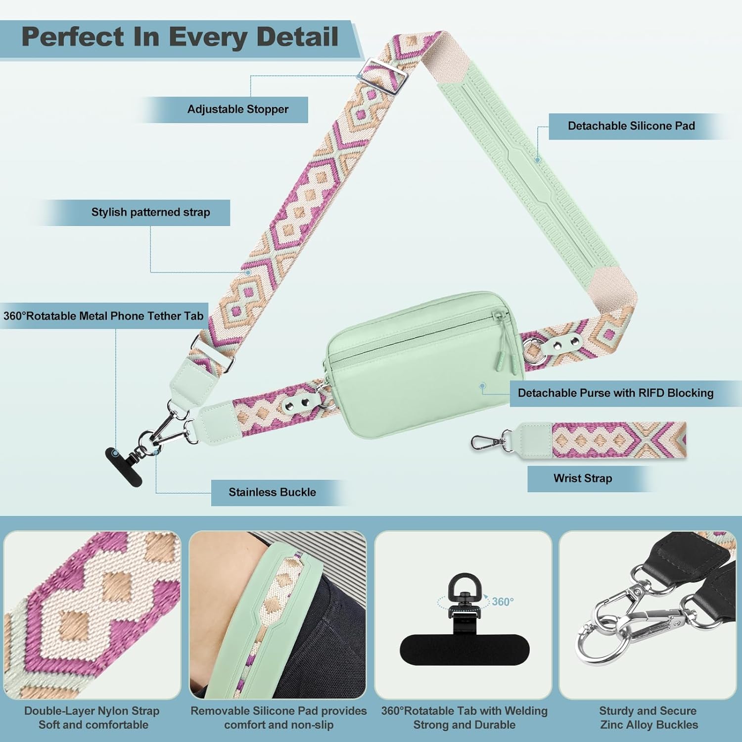 Clip and Go Strap for Phone with Wallet Crossbody, Adjustable Phone Lanyard with Detachable RFID Wristlet Wallet, Pattern Strap - Green (L)