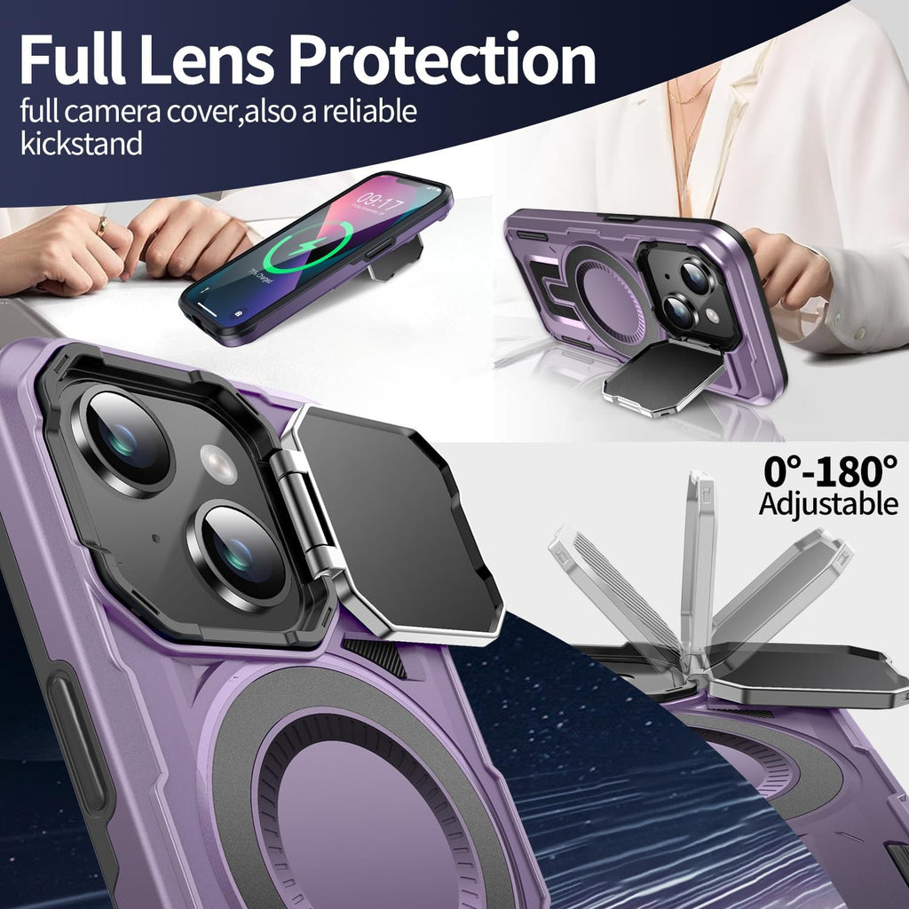Camera Stand Case for iPhone 14 Plus, [Compatible with Mag Safe] [Lens Cover] 2024 Version Military Grade Protective Soft Case for iPhone 14 Plus 6.7 inch Men Women, Purple