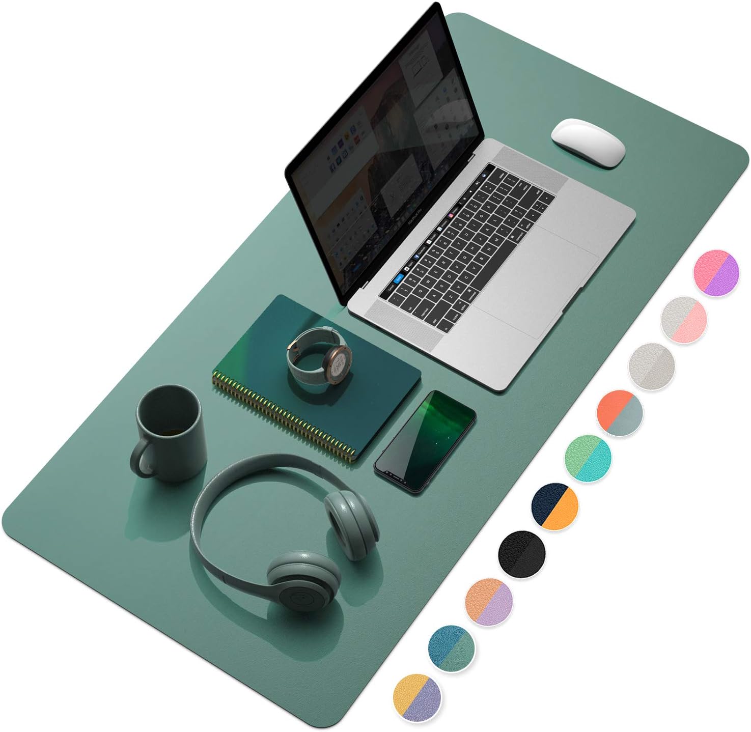 YSAGi Desk Mat, Desk Pad, 35.4" x 17" Laptop Leather Desk Pad Protector, Large Leather Desk Blotter for Keyboard and Mouse, Dual-Sided Desk Writing Pad for Office (Pistachio Green + Green Blue)
