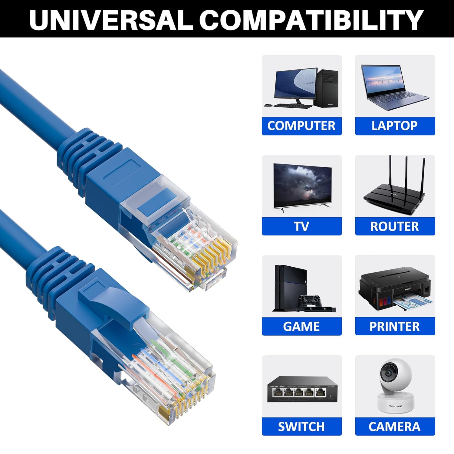 Cat5e Ethernet Cable 100 FT, Cat 5e Internet Cable, Blue Snagless Patch Cord, Flexible, Network, LAN, PoE, Standard RJ45 Connector for PC, Server, Router, Modem, TV, PS5 - with 15 Cable Ties