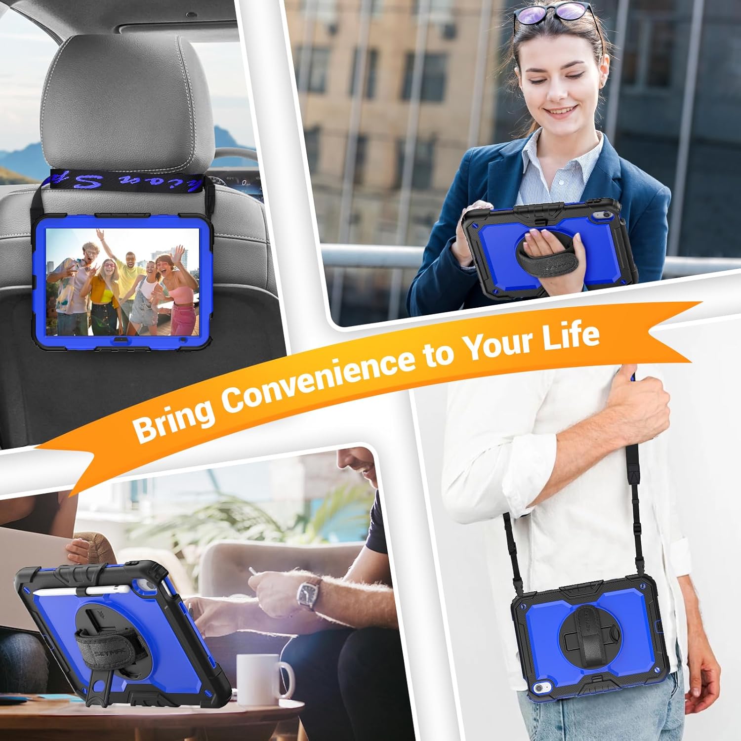 SEYMAC Case for iPad (A16) 11th/10th Generation 2025/2022 (11″/10.9″), Heavy Duty Full-Body Shockproof Protective Case with Screen Protector, Rotating Stand, Hand/Shoulder Strap, Black/Dark Blue