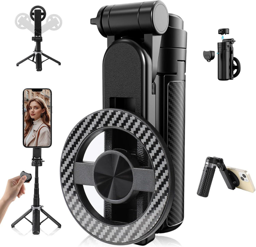 2025 New 4 in 1 Multifunctional Magnetic Selfie Stick, 360° Rotation Phone Tripod with Remote Control, Portable Extendable Mag Tripod, Universal Mobile Phone Holder for Travel Vlog(Black)
