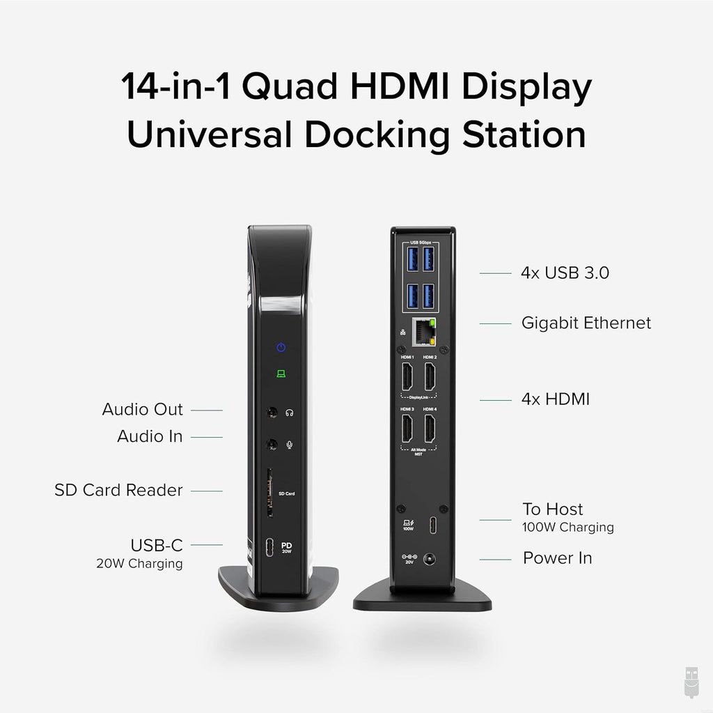 Plugable 14-in-1 USB C Docking Station | 4X HDMI Quad Dock with 100W Charging, HDMI Displays | Compatible with Windows, Thunderbolt (4X USB, 1x USB-C, Ethernet, SD Card, Audio) UD-3900C4