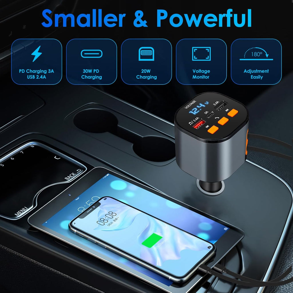 Retractable Car Charger,5 in 1 Fast Car Phone Charger 90W,Bluetooth 5.3 FM Transmitter Adapter,Handsfree Call,2 Retractable Cables and USB Cars Chargers for iPhone 15/14/13 (Black)