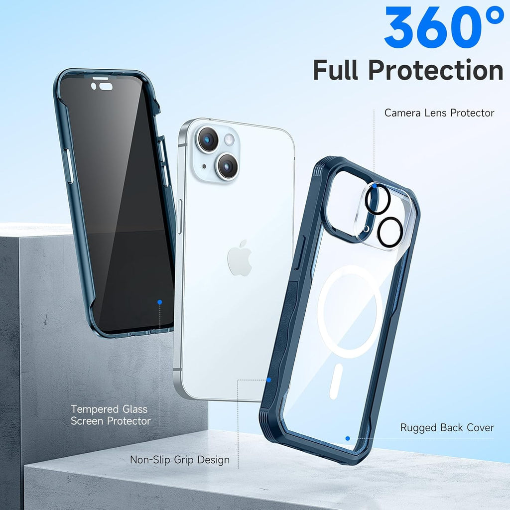 seacosmo for iPhone 15 Case, Full Body Bumper with Built-in 9H Tempered Glass Privacy Screen Protector and Camera Lens Protector, Compatible with MagSafe, Shockproof Phone Cover, 6.1", Blue
