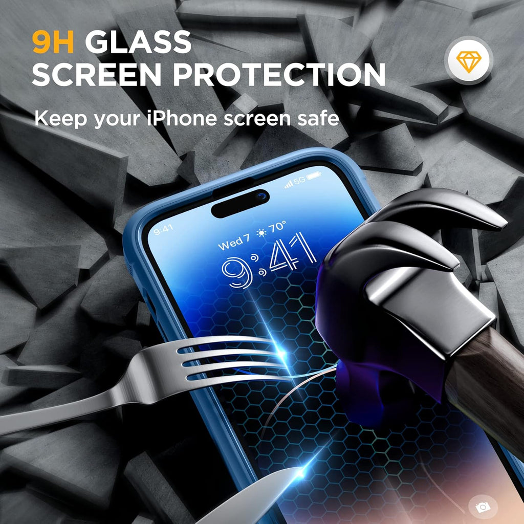 Miracase Glass Series Designed for iPhone 14 Pro Max Case 6.7 Inch, Upgrade Full-Body Bumper Case with Built-in 9H Tempered Glass Screen Protector, with Camera Lens Protector, Capri Blue