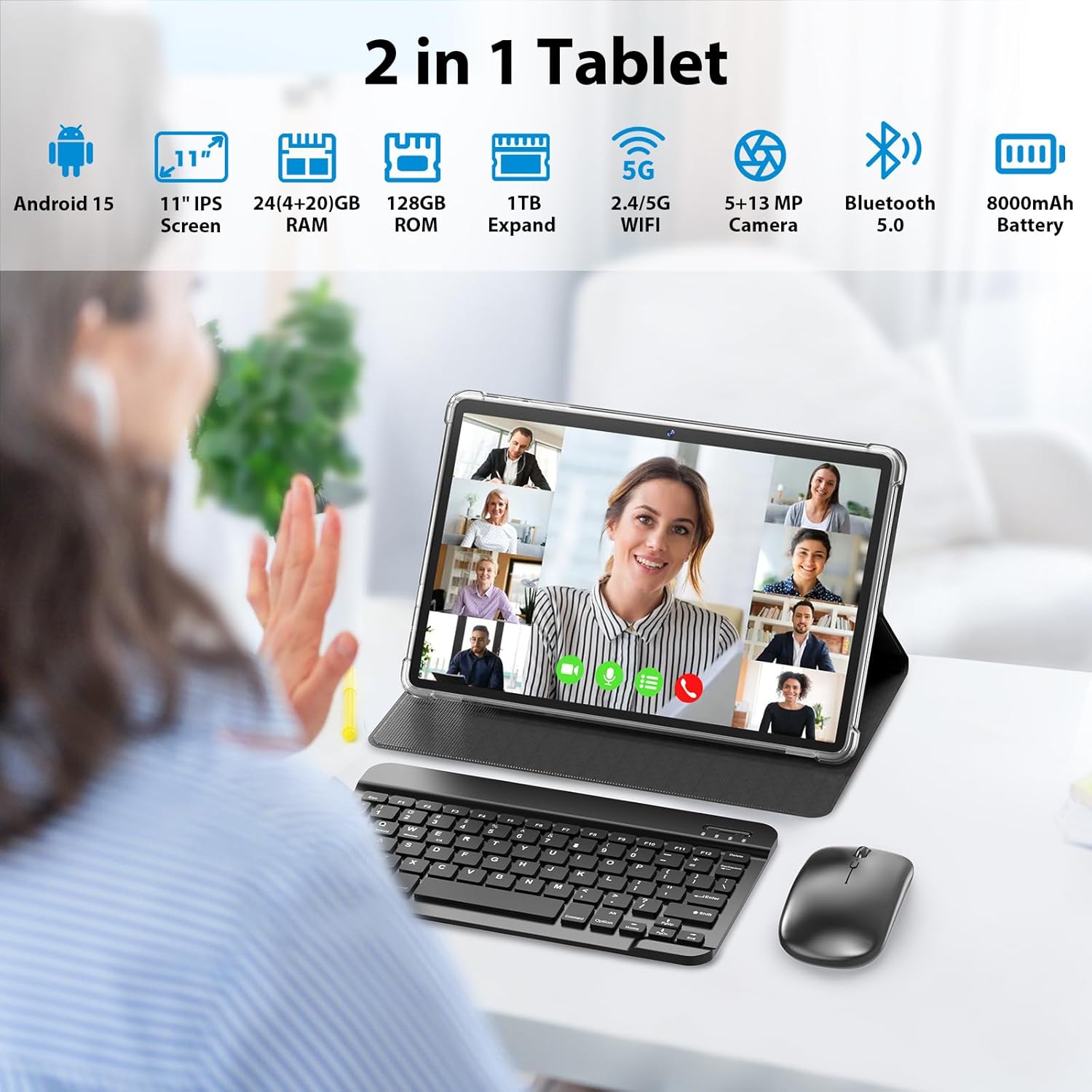 Android Tablet, 11 inch Android 15 Tablet with Keyboard, 24GB+128GB, 1TB Expand, 8000mAh, 5MP+13MP, 2.4G&5G WiFi, IPS Touch Screen, GMS Certified, 2 in 1 Tablets with Case, Mouse, Stylus(Green)