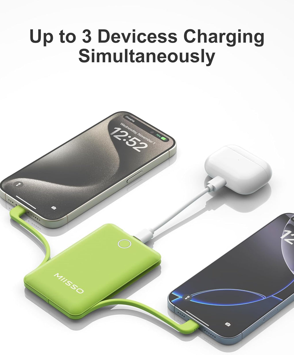 miisso 10000mAh Slim Portable Charger with Built in Cable, Power Bank Travel Charger External Battery Pack for Phone, 3 Output USB Type C Cord Clutch Charger Compatible with iPhone, Green