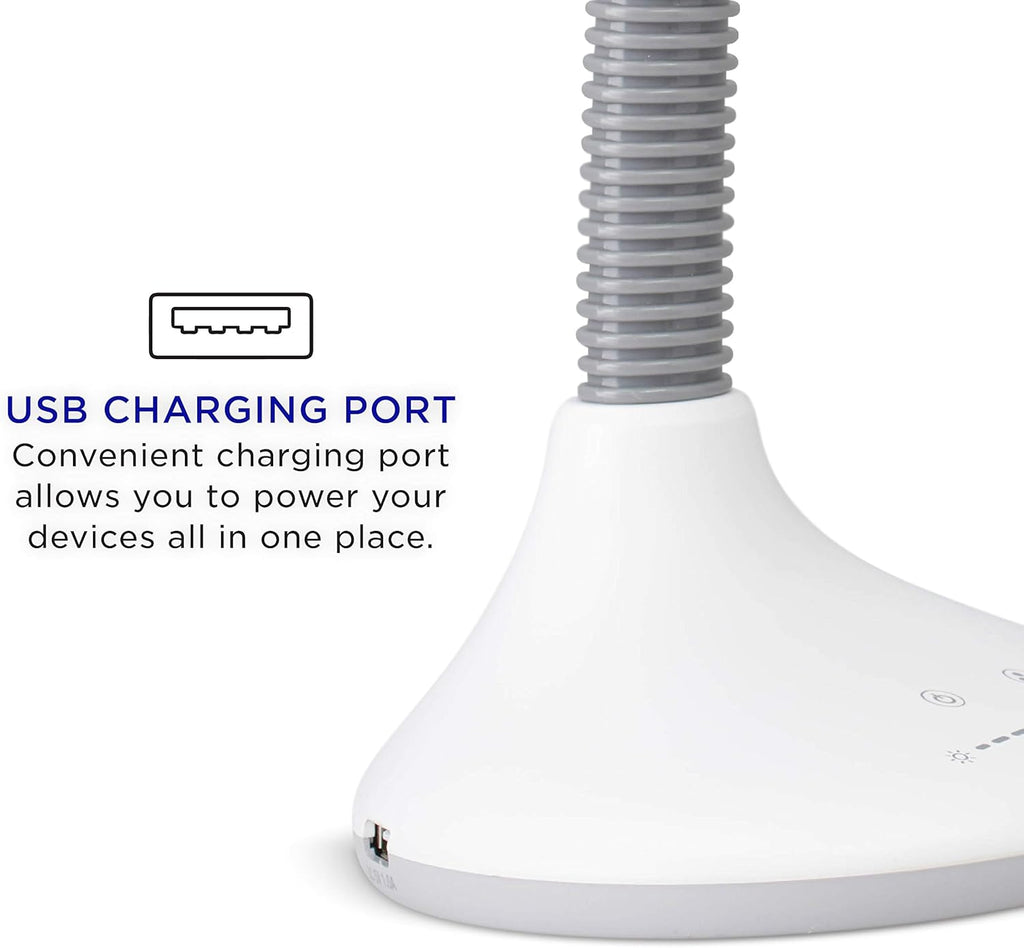 Verilux SmartLight Full Spectrum LED Desk Lamp with Adjustable Brightness, Flexible Gooseneck and Integrated USB Charging Port - Reduces Eye Strain and Fatigue - Ideal for Readers, Artists, Crafters