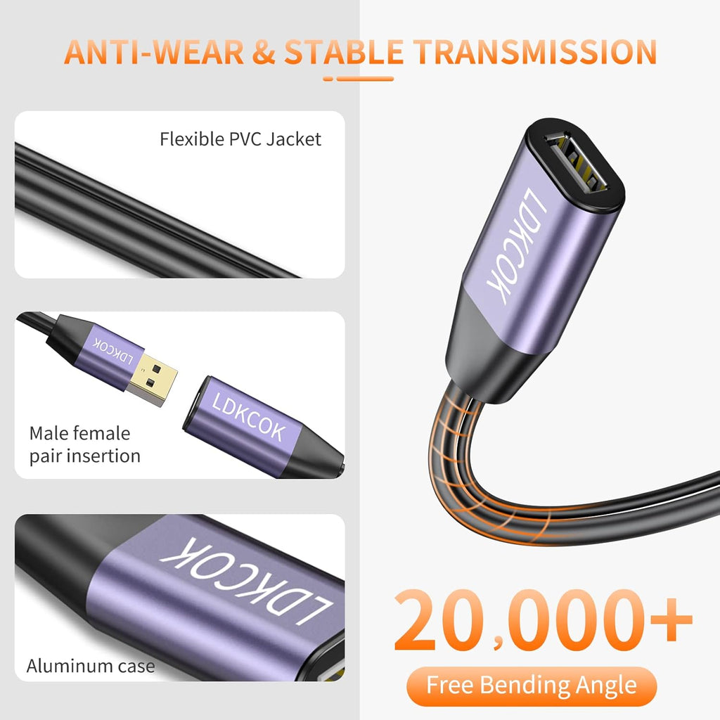 LDKCOK USB 2.0 Type A Male to A Female Active Repeater Extension Cable 60ft, High Speed 480 Mbps