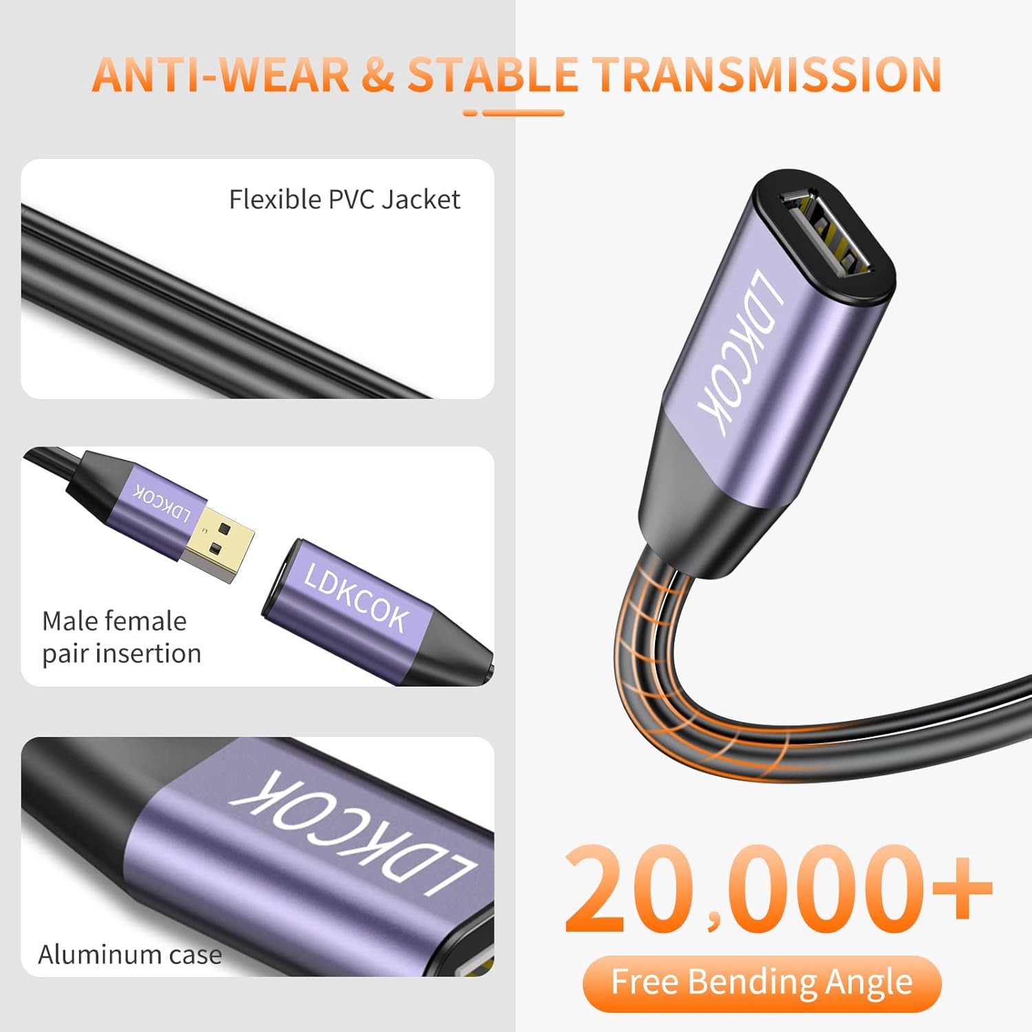 LDKCOK USB 2.0 Type A Male to A Female Active Repeater Extension Cable 50ft, High Speed 480 Mbps