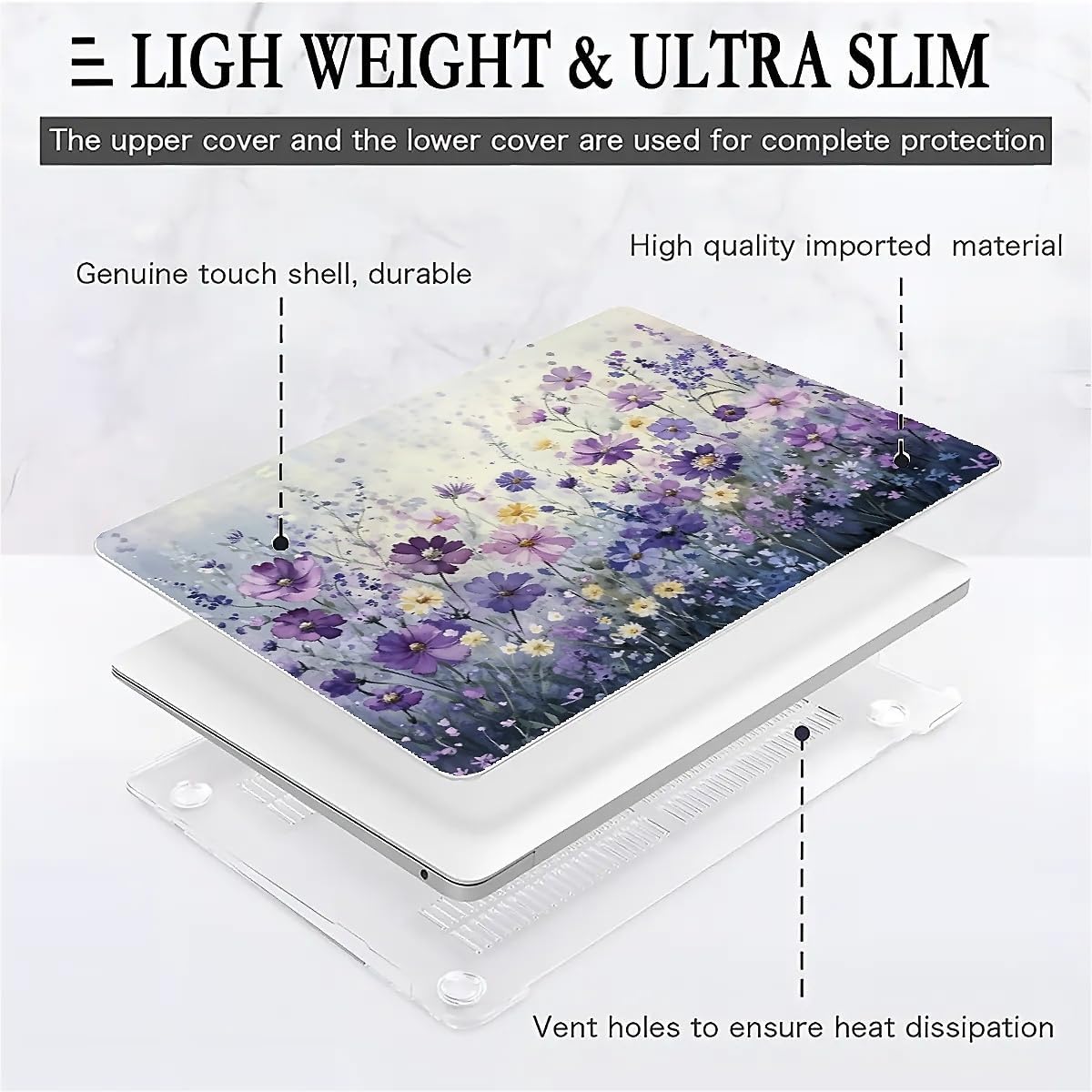 Compatible with MacBook Air 13.3 13.6 Inch Case 2022 2021 2020 2019 Plastic Hard Shell Case Cover,13.3 Pro(A1706/A1708/A1989/A2159/A2289/A2338), Purple Wildflowers