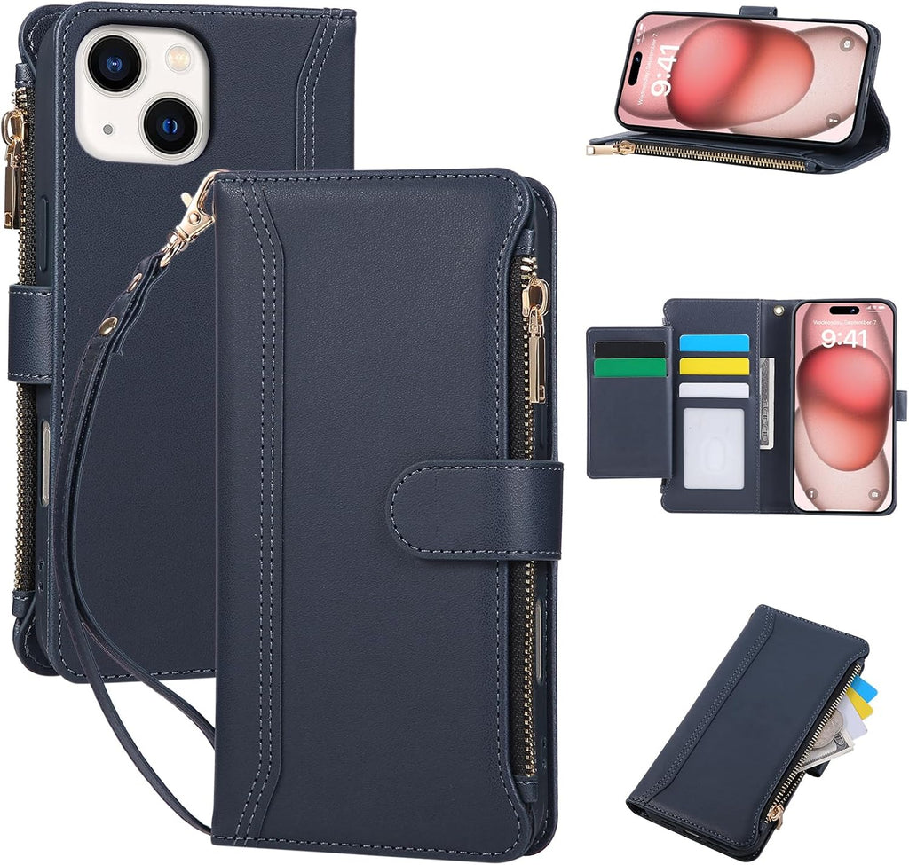 Compatible with iPhone 13/14 Wallet Phone Case-PU Leather Magnetic Flip Cover with Credit Card Slots,Zipper Pocket & Detachable Wrist Strap,Shockproof Design,for Women and Men-Navy Blue