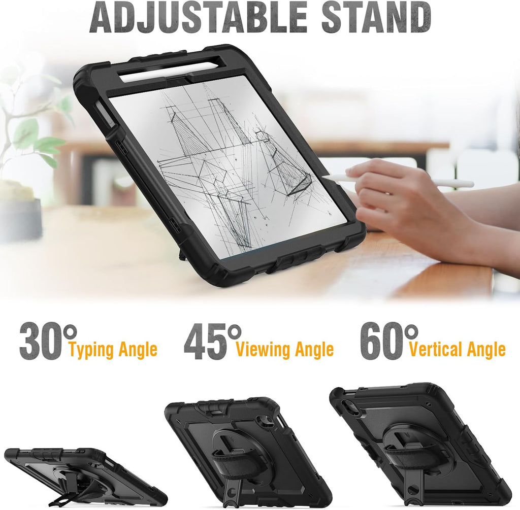 HXCASEAC Case for iPad Air 11 inch (2025 M3 / 2024 M2), Shockproof Design with Pencil Holder/Screen Protector/Rotating Hand Strap, Protective Cover for iPad Air 7th/6th Generation - Black