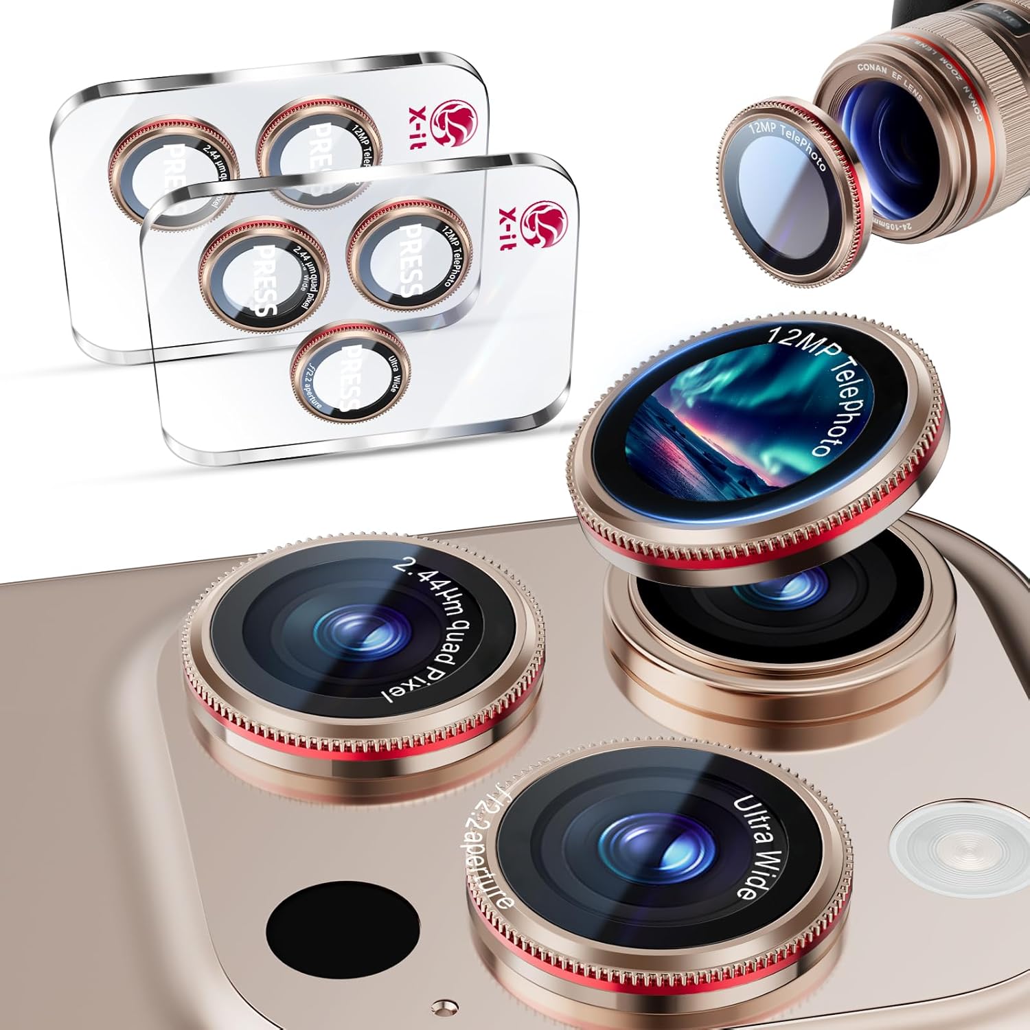 X-it 2 Pack Camera Lens Protector, Shatterproof Anti-Scratch Ultra HD Camera Protector, Anti-Glare Tempered Glass Lens Protector for iPhone 16 Pro Max/16Pro/15 Pro Max/15Pro/14 Pro Max/14Pro,GoldenRed