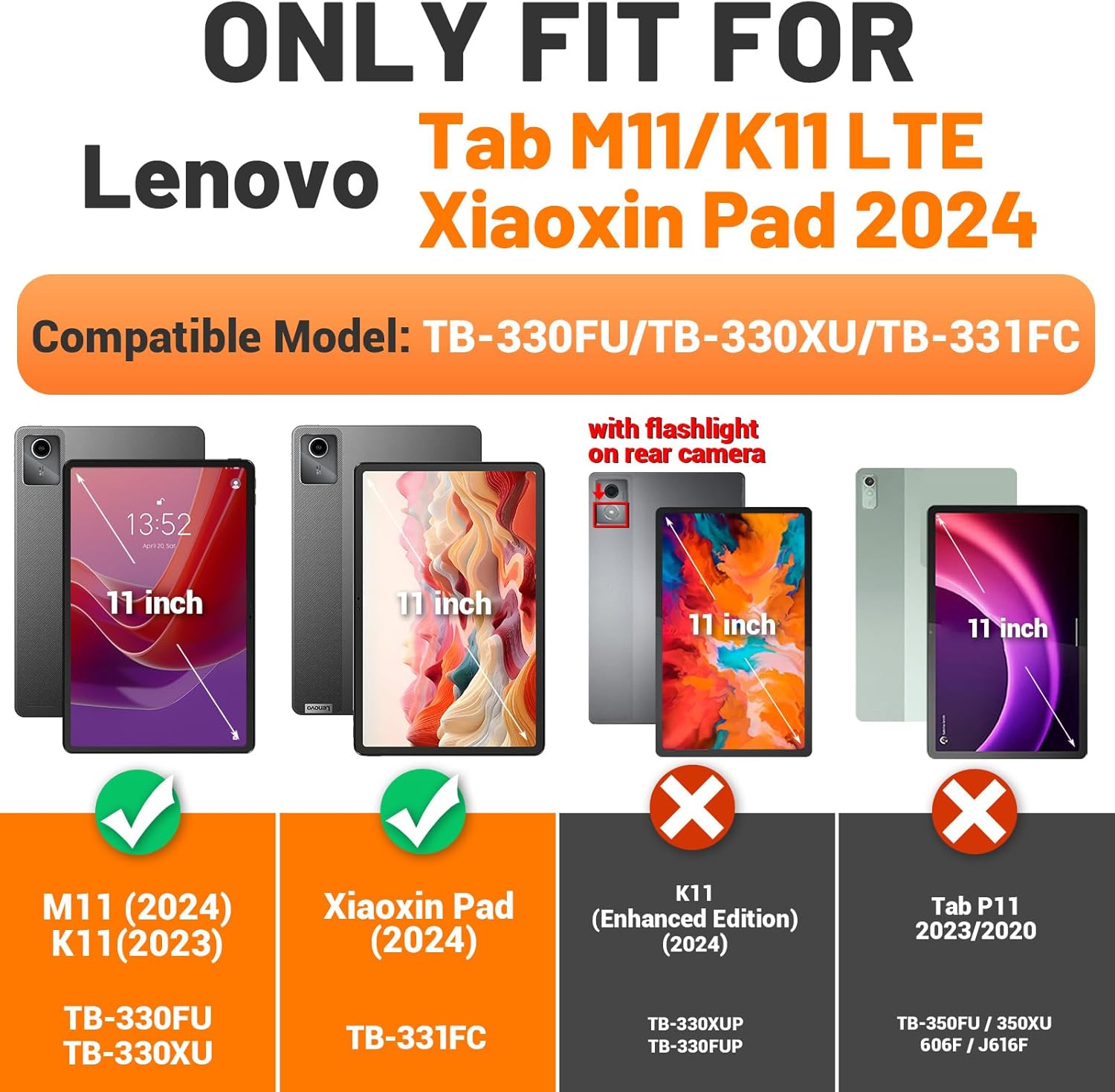 SEYMAC stock Tablet Case for Lenovo Tab M11 (TB-330FU/TB-330XU) 11 inch Drop-Proof Protection Cover with 360° Rotate Stand & Strap [Pen Holder] & Screen Protector/K11/Xiaoxin Pad 2024, Orange+Black