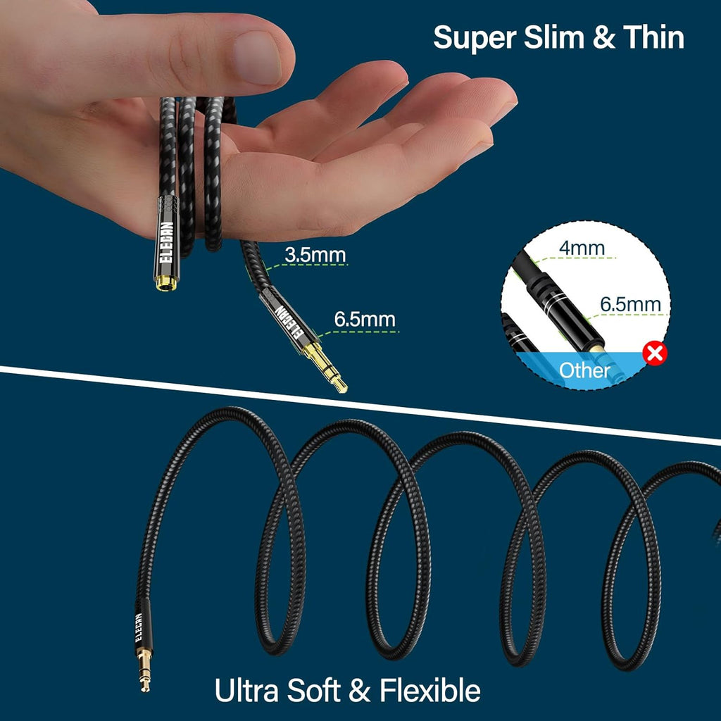 Elecan Headphone Extension Cable 1 Ft/2 Pack, 1/8 Inch 3.5 MM AUX Cord Wire Male to Female, Hi-Fi Sound Thin&Slim Braided TRS Stereo Audio Beats Cable Extender for Car,Home Stereos, Speaker,Phones