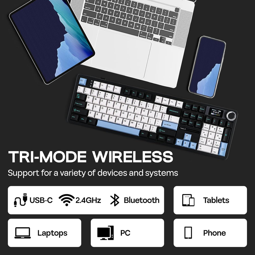 EPOMAKER X Aula F108 PRO Wireless Gaming Keyboard with Screen, 8000mAh Battery, 104 Hot-Swappable and Programmable Keys and Knob, RGB Backlight, for Mac/PC/Android (Blue&White&Black)