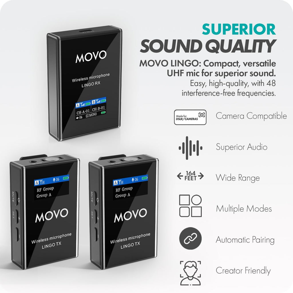 Movo Lingo-Duo 48-Channel UHF Wireless Lavalier Microphone System for Camera - Lav Mic Compatible with Canon, Nikon, and Sony DSLR Cameras - for Filmmaking, Vlogging, Interviews, Content Creation