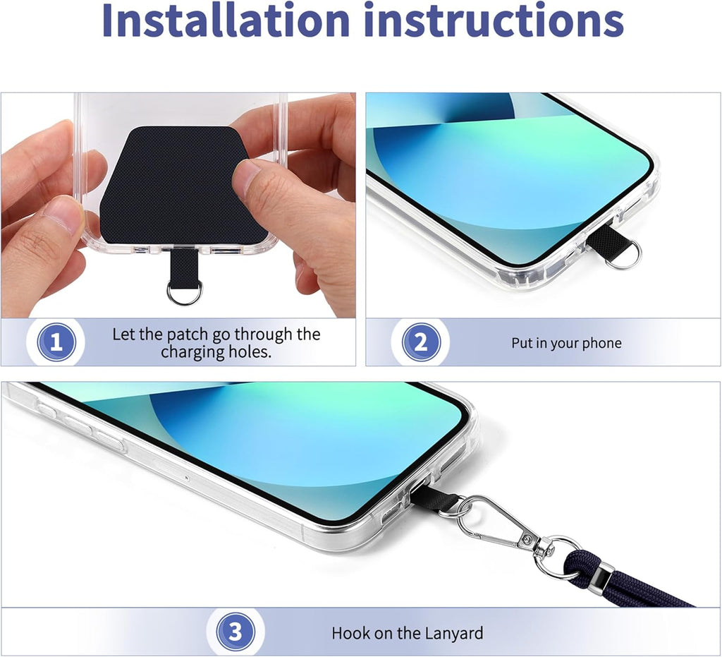 CACOE Phone Lanyard 2 Pcs-2 Pcs Adjustable Neck Strap, 4 Pcs Phone Patches, Universal Crossbody Multifuctional Cell Phone Lanyards Compatible with Most Smartphones(Black+Dark Blue)