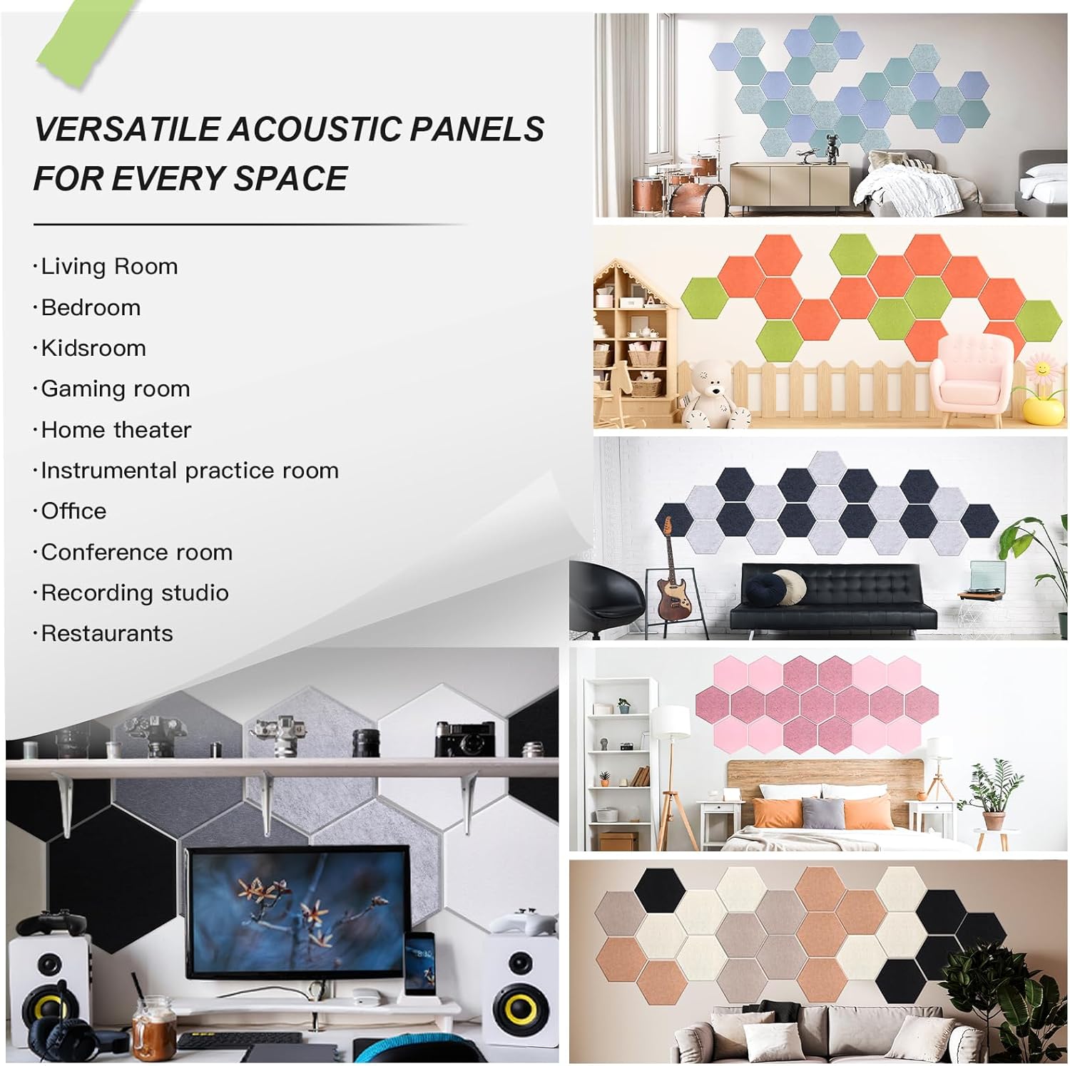 Mollywell Hexagon Acoustic Panels, High Density, Soundproofing, Decorative Noise Reduction Felt Wall Tiles for Ceilings, Home Office & Gaming Room (Orange and Fruit Green), 14x12x0.4 Inch