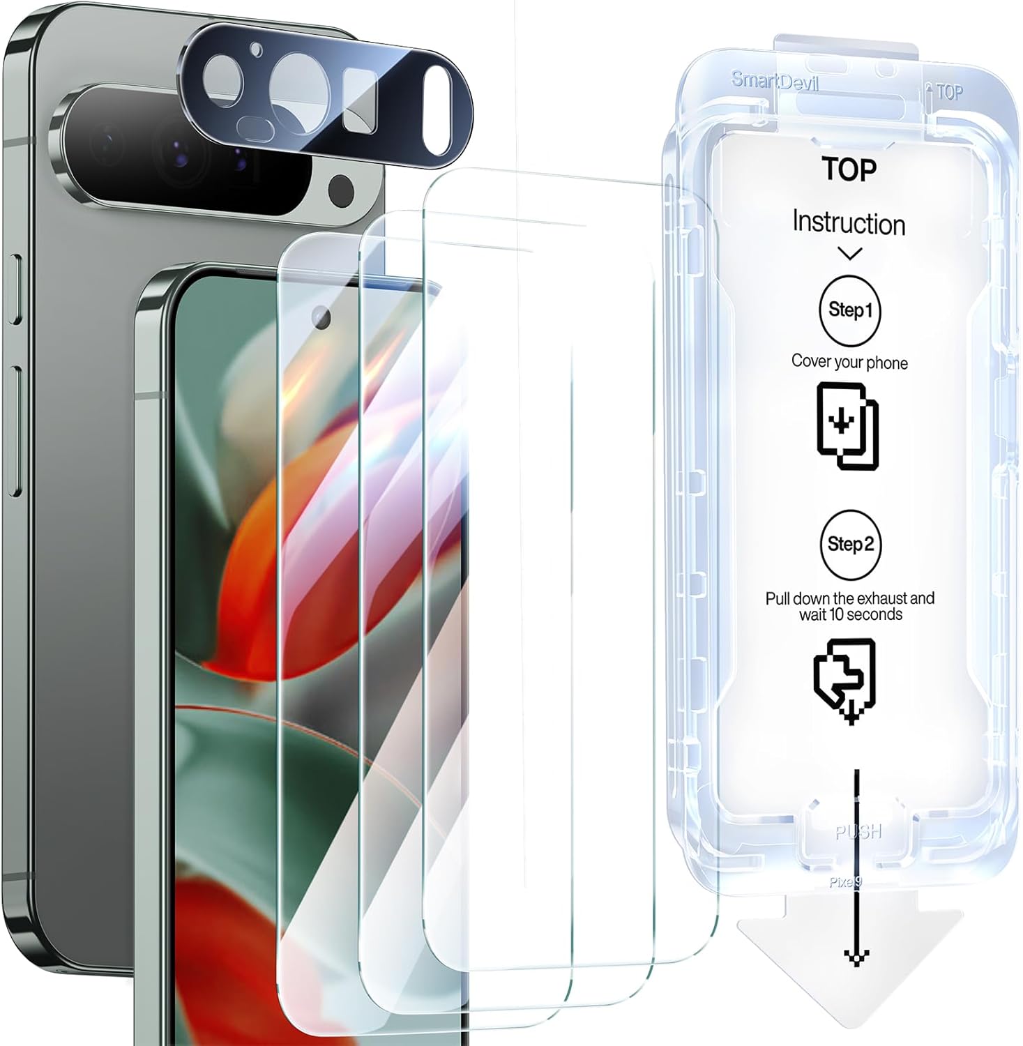 SMARTDEVIL [3+1 Pack Screen Protector For Google Pixel 9 Pro With Camera Lens Protector, Finger Print Reader Compatible, Clear 9H Tempered Glass Film, Fast & Easy Installation, Alignment Frame